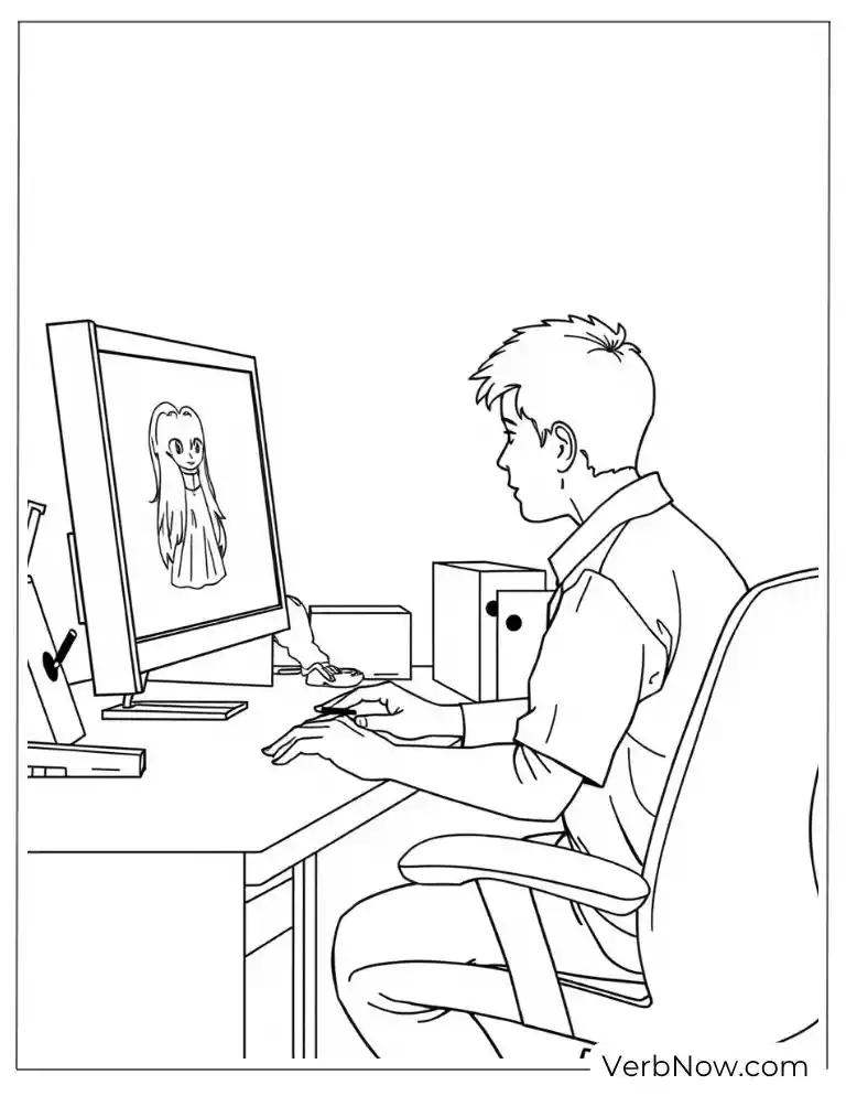 Teacher works on a computer, preparing a lesson