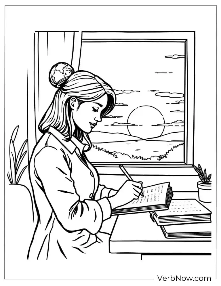 Teacher writes in a notebook while enjoying the sunset
