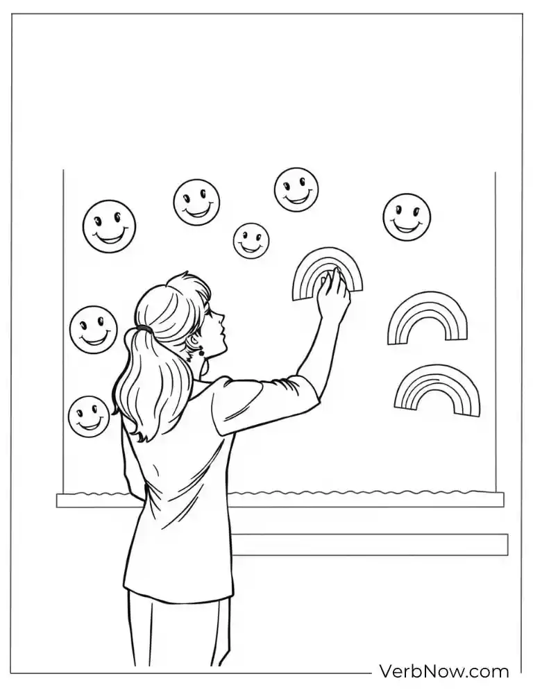 Teacher decorates the classroom with smiley faces and rainbows