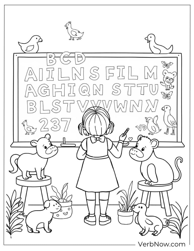 Kid teacher and animals guide a child learning the alphabet
