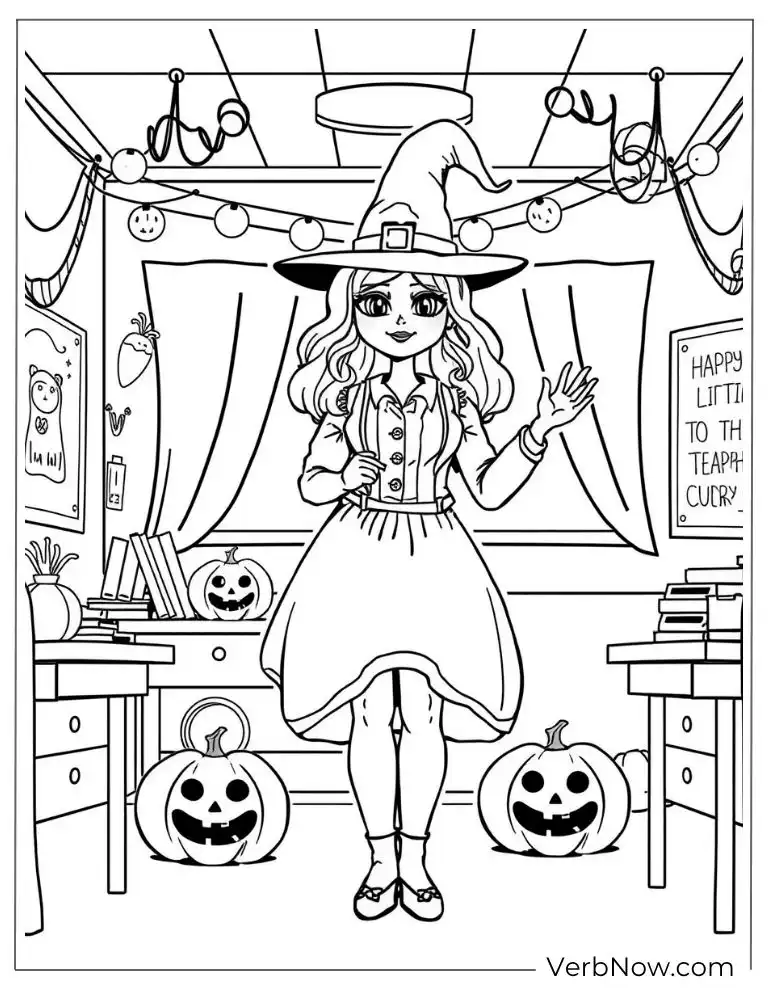 Cheerful teacher dresses as a witch for Halloween class fun