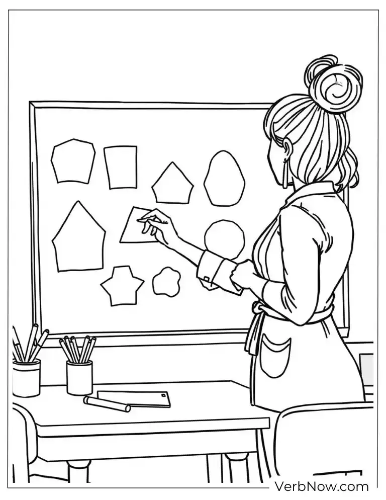 A teacher points to shapes on the board in a geometry lesson