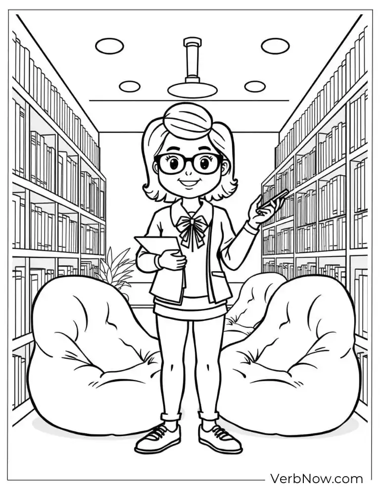 The librarian holds a book in a cozy library