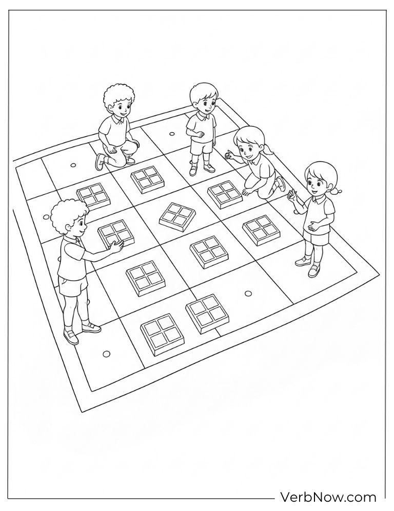Kids playing a large floor game with chocolate squares