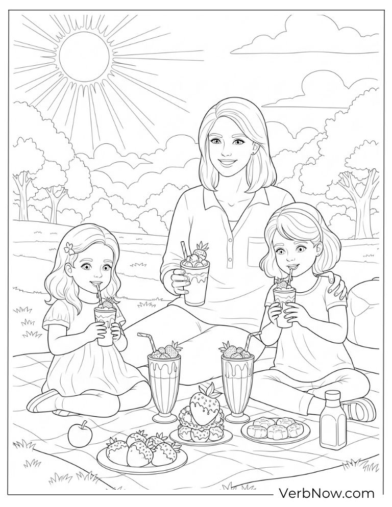 A family enjoys a chocolate pinic coloring page