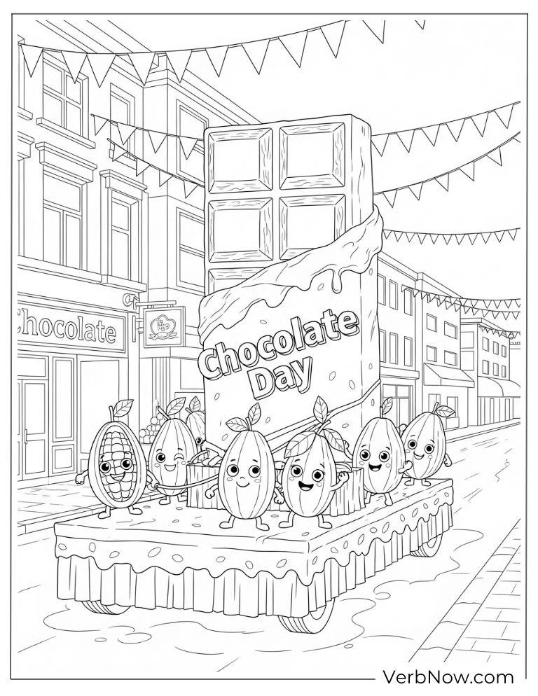 A festive street scene featuring a chocolate day parade float