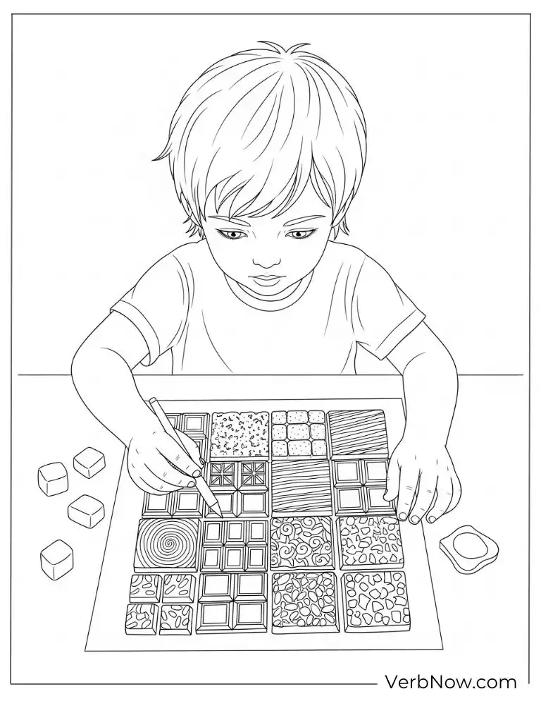 Kid enjoys a big box chocolate coloring page