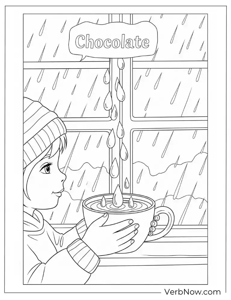 A kid with hot chocolate on a rainy day