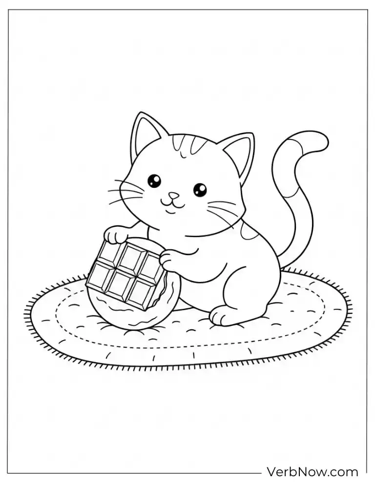 Coloring page of cute cat holds a chocolate bar