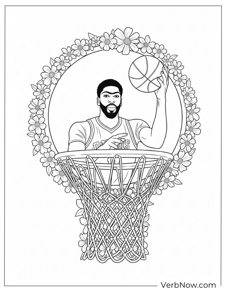 Anthony Davis framed by a floral basketball hoop design
