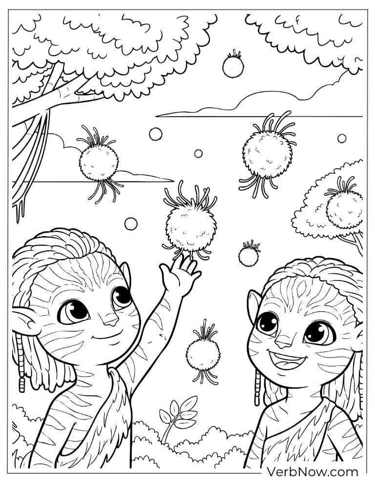 Two young Na’vi happily picking glowing jungle fruits