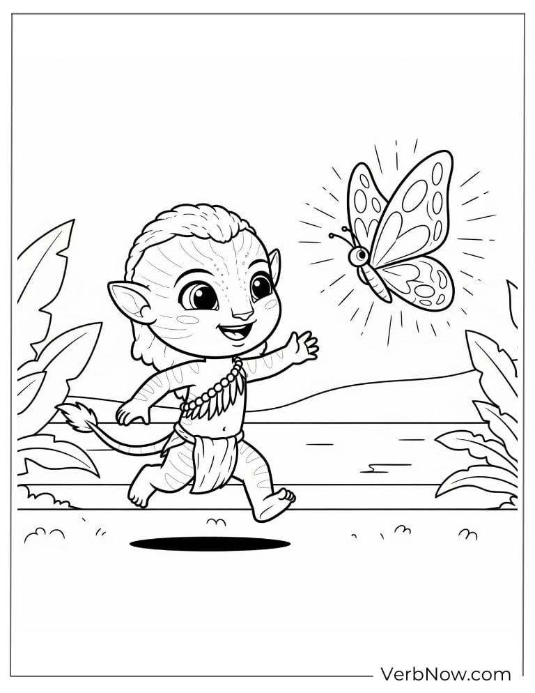 Na’vi child chasing a large butterfly with excitement