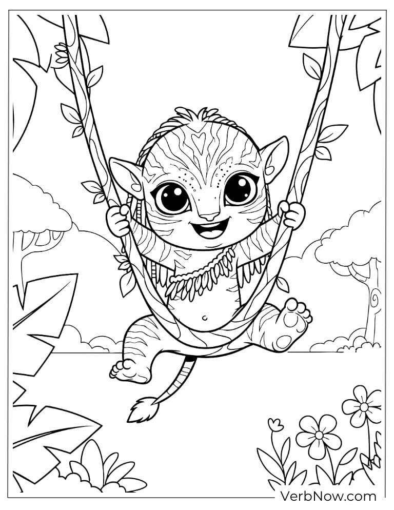 Cute Na’vi swinging joyfully on a jungle vine