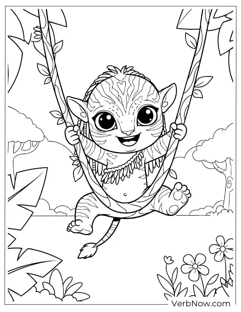 Cute Na’vi swinging joyfully on a jungle vine