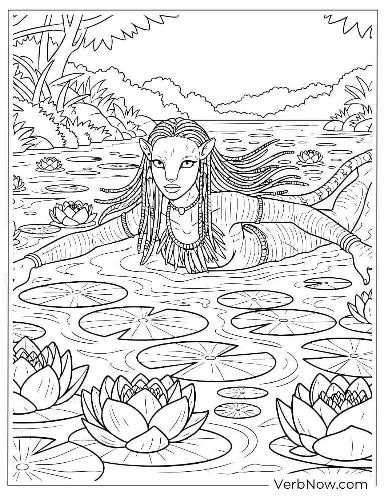 Na’vi woman relaxing in a pond surrounded by lily pads