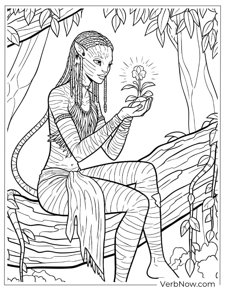 Neytiri sitting on a tree branch holding a glowing flower