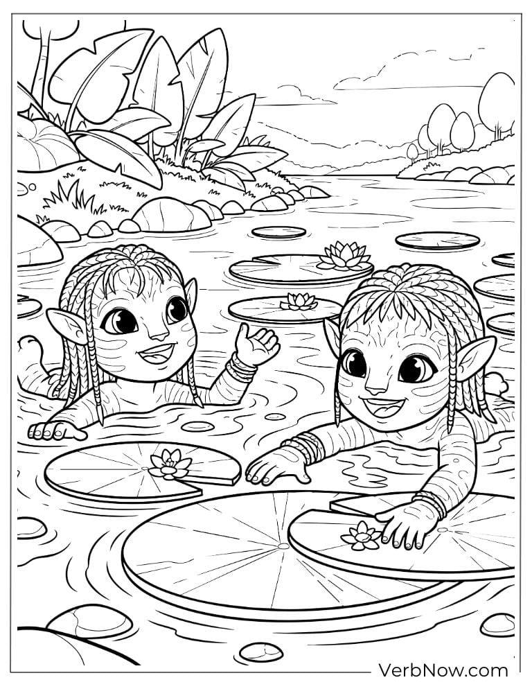 Two Na’vi kids happily swimming among lily pads