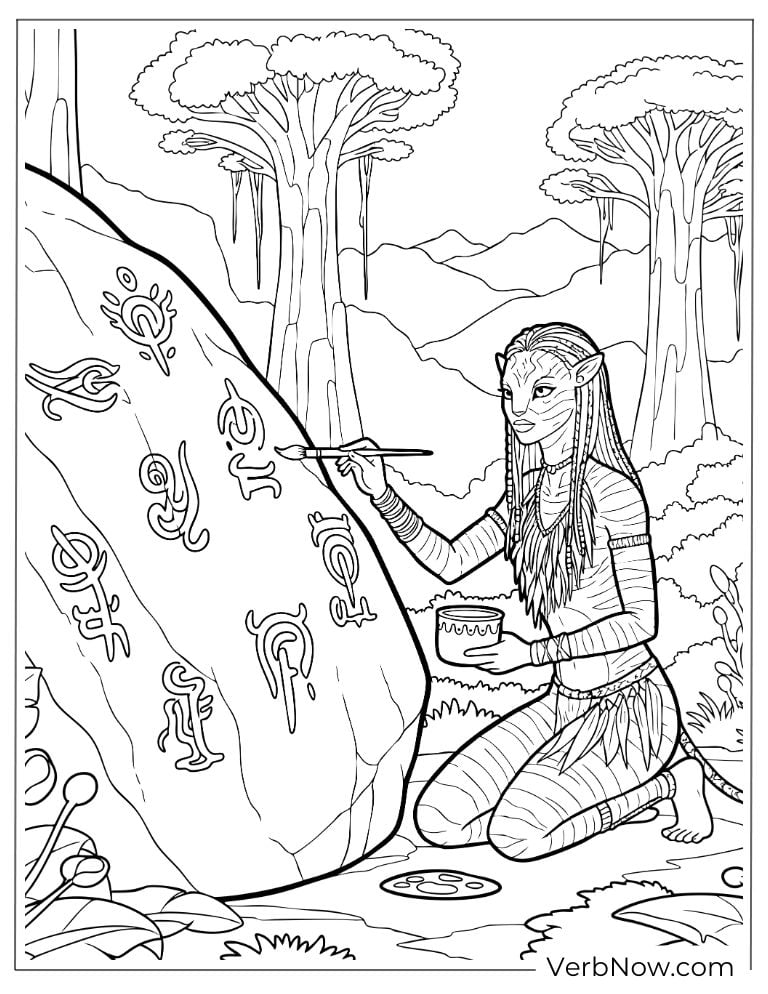 Neytiri painting tribal symbols on a rock