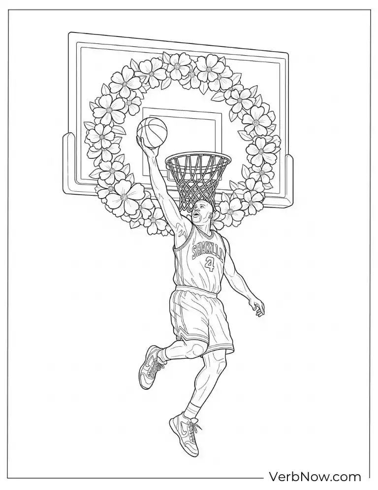 Shaquille O’Neal dunking a basketball through a floral hoop