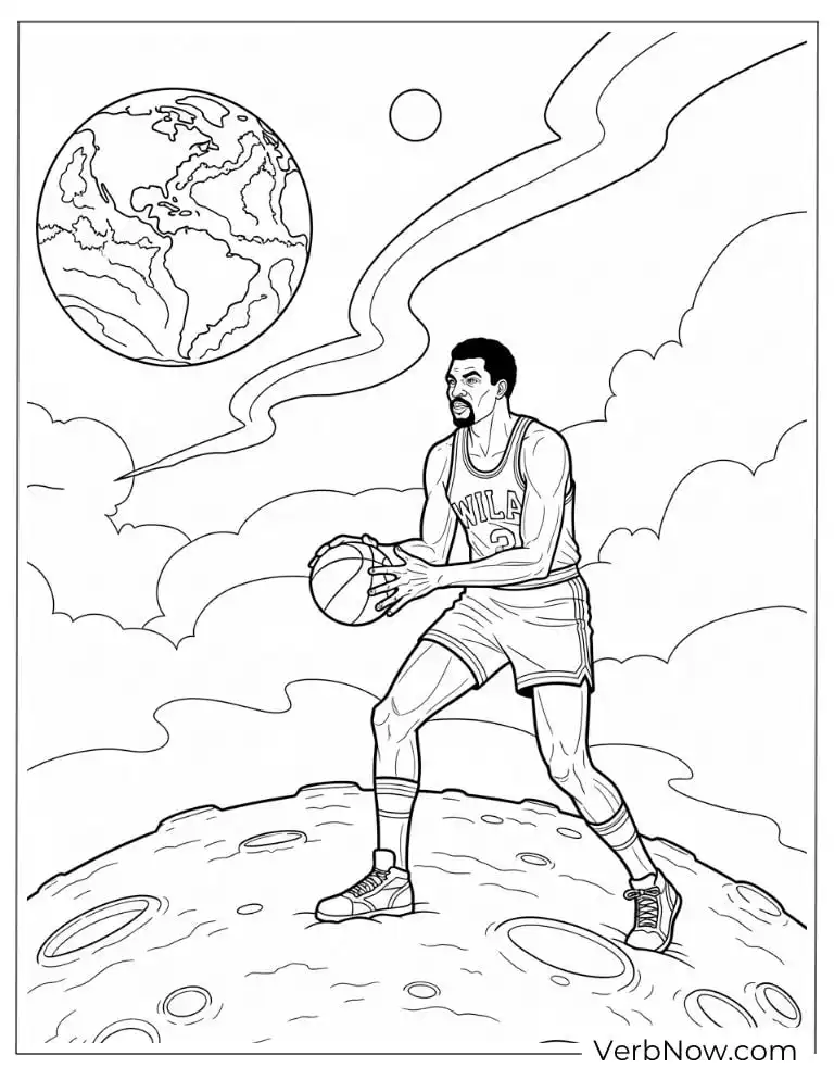 Wilt Chamberlain holding a basketball in the moon
