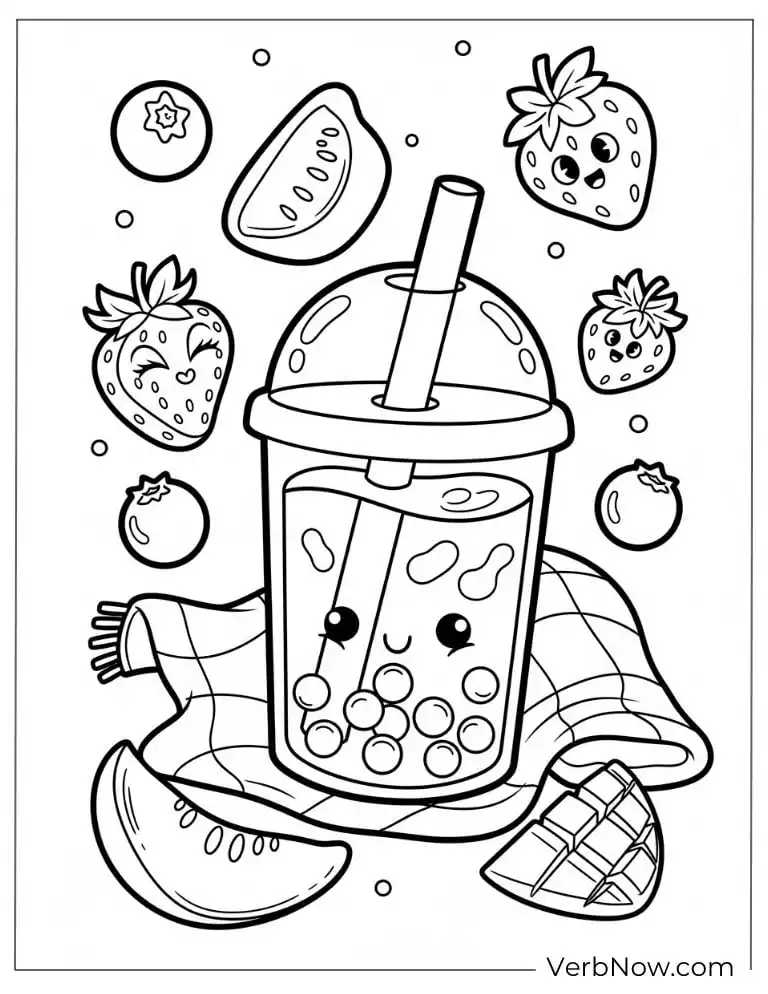 Cute boba tea cup with fruits and sweets