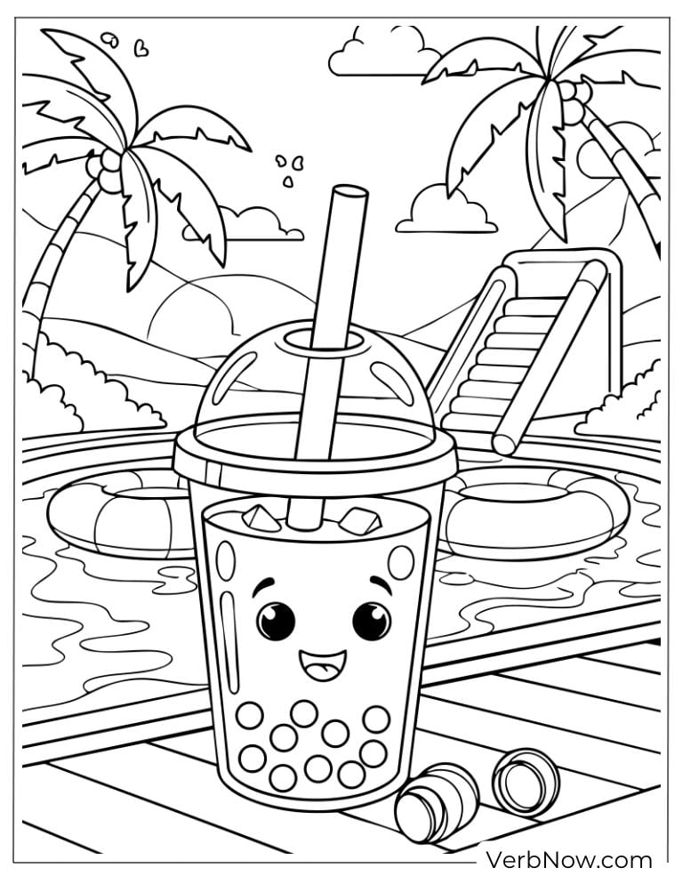 Boba tea by the pool with palm trees