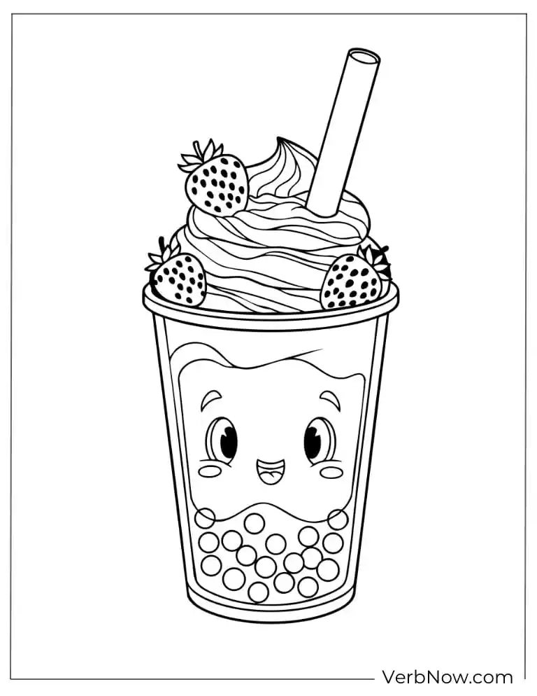 Smiling boba tea topped with whipped cream and berries