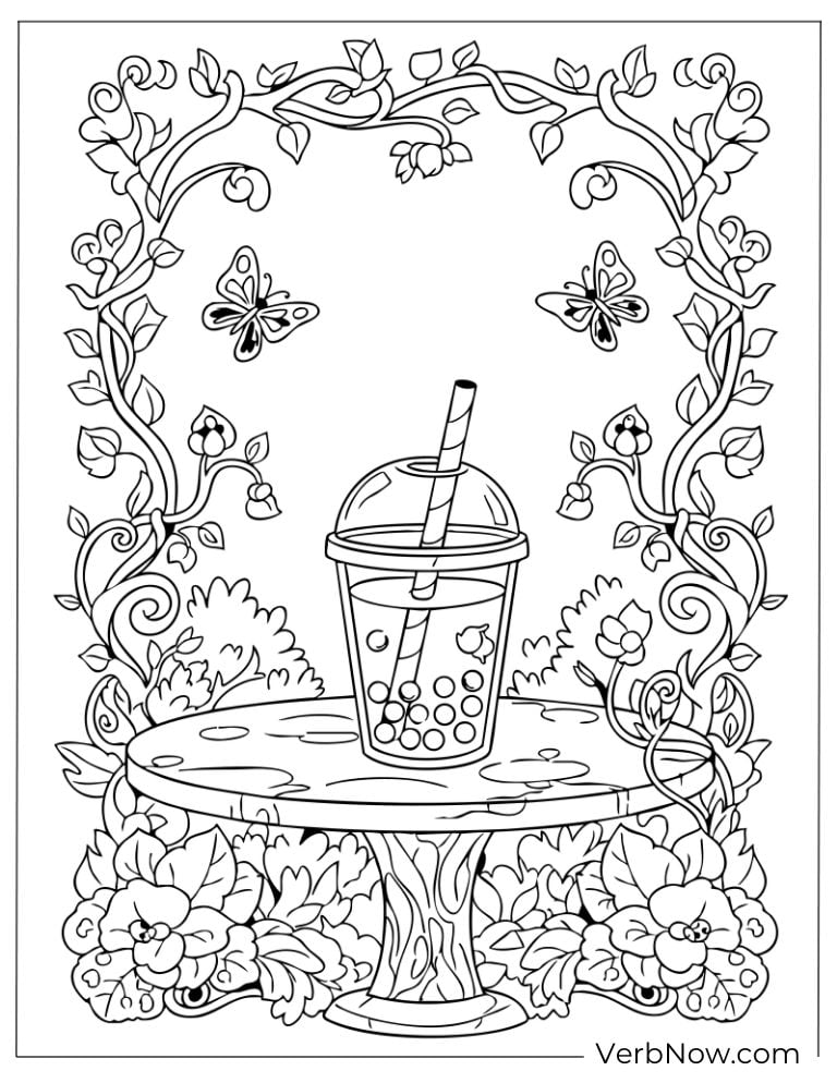 Boba tea on a garden table with flowers and butterflies