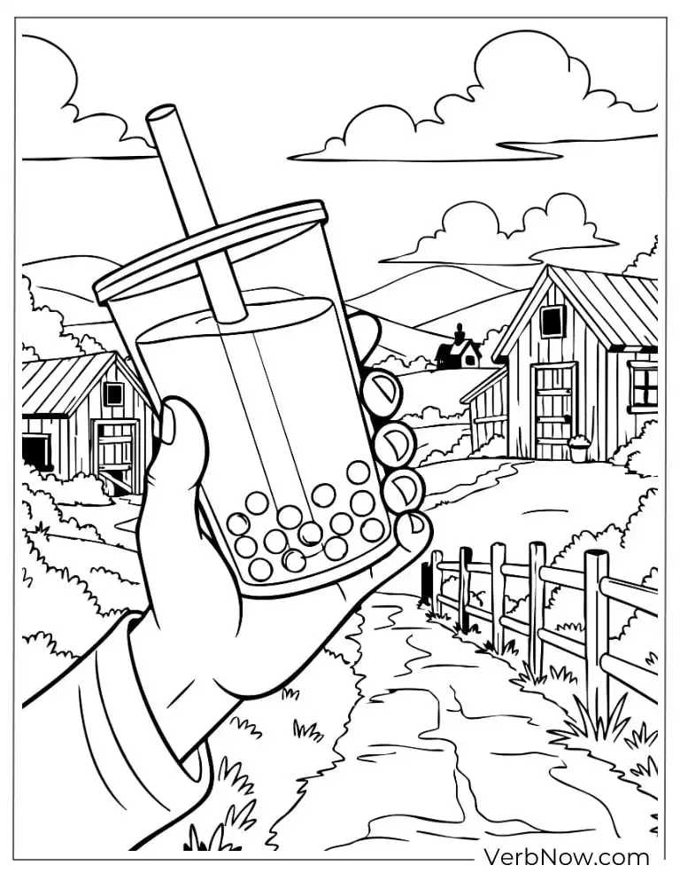 Hand holding boba tea on a countryside path
