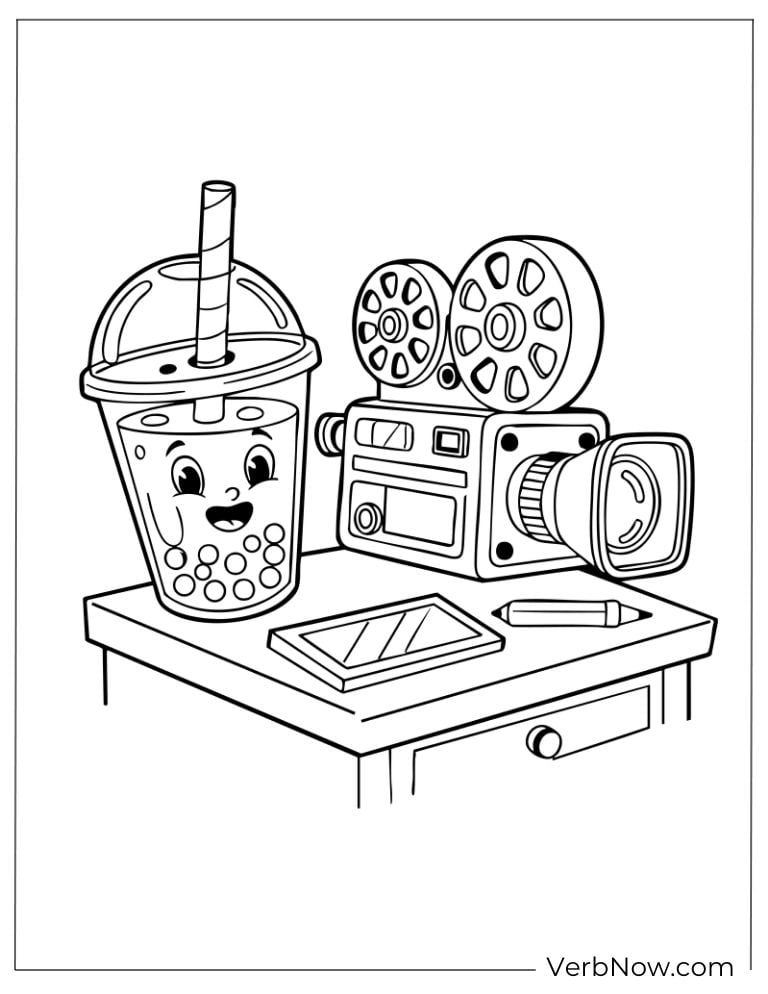 Boba tea next to film reels and a projector