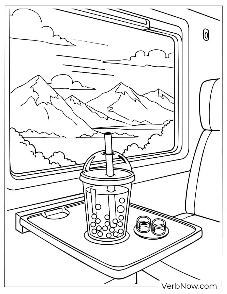 Boba tea on a train table with mountains outside
