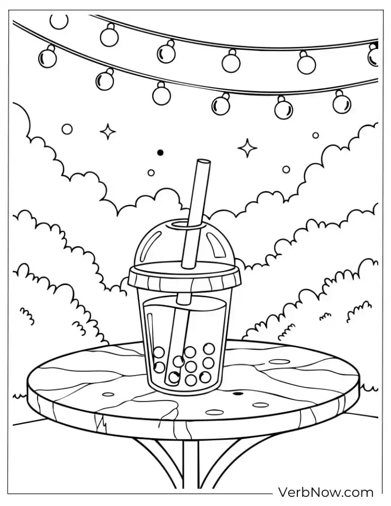 Boba tea cup on a garden table under string lights