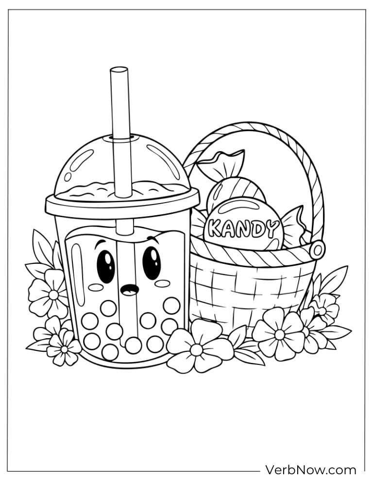 Smiling boba tea with a basket of candy and flowers