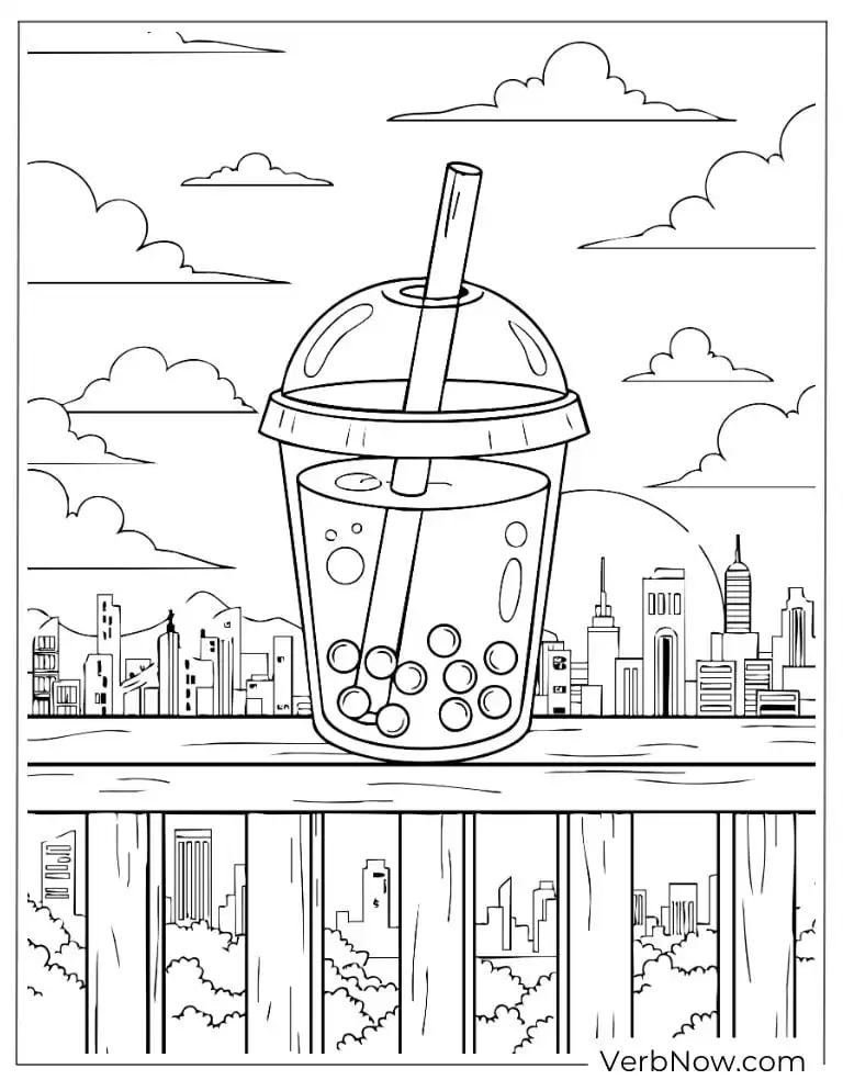 Boba tea with a city skyline in the background