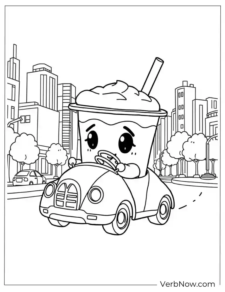Boba tea driving a car in the city