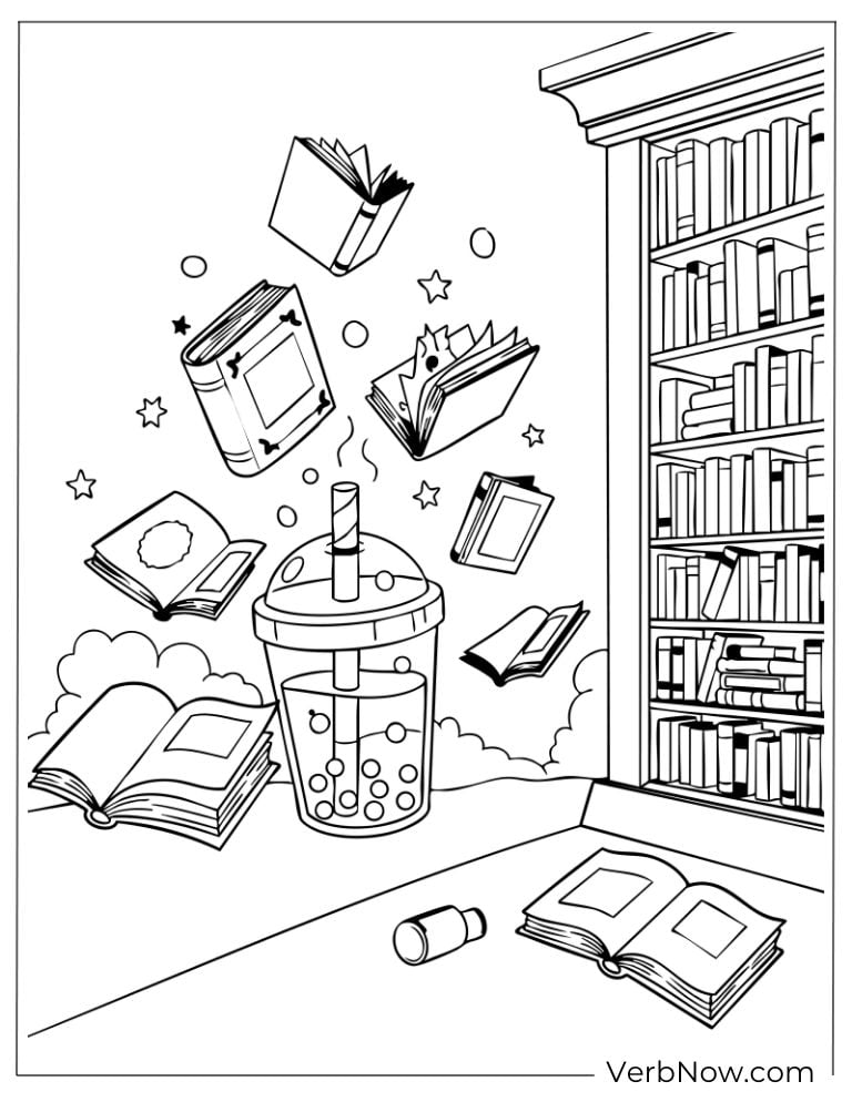 Boba tea cup surrounded by flying books