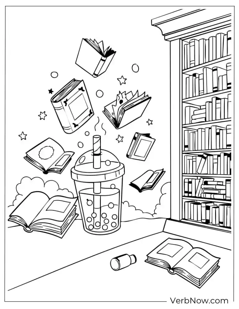 Boba tea cup surrounded by flying books
