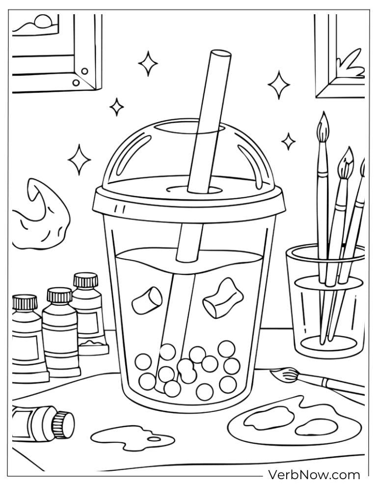 Boba tea with paintbrushes and art supplies