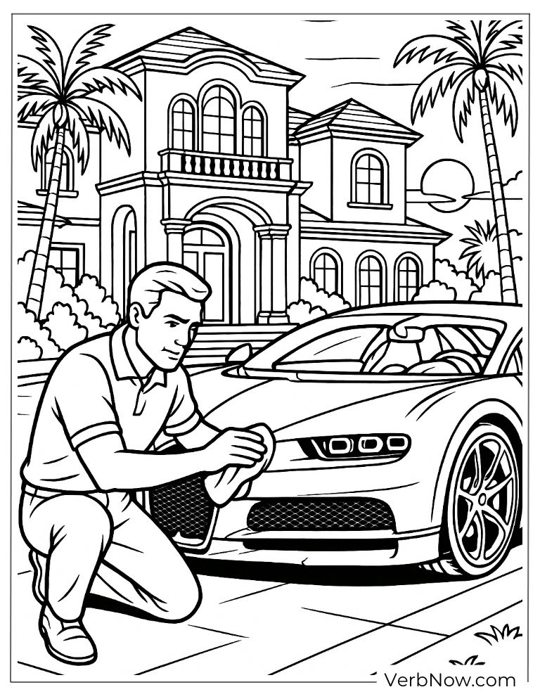 A man polishing his Bugatti in front of a villa