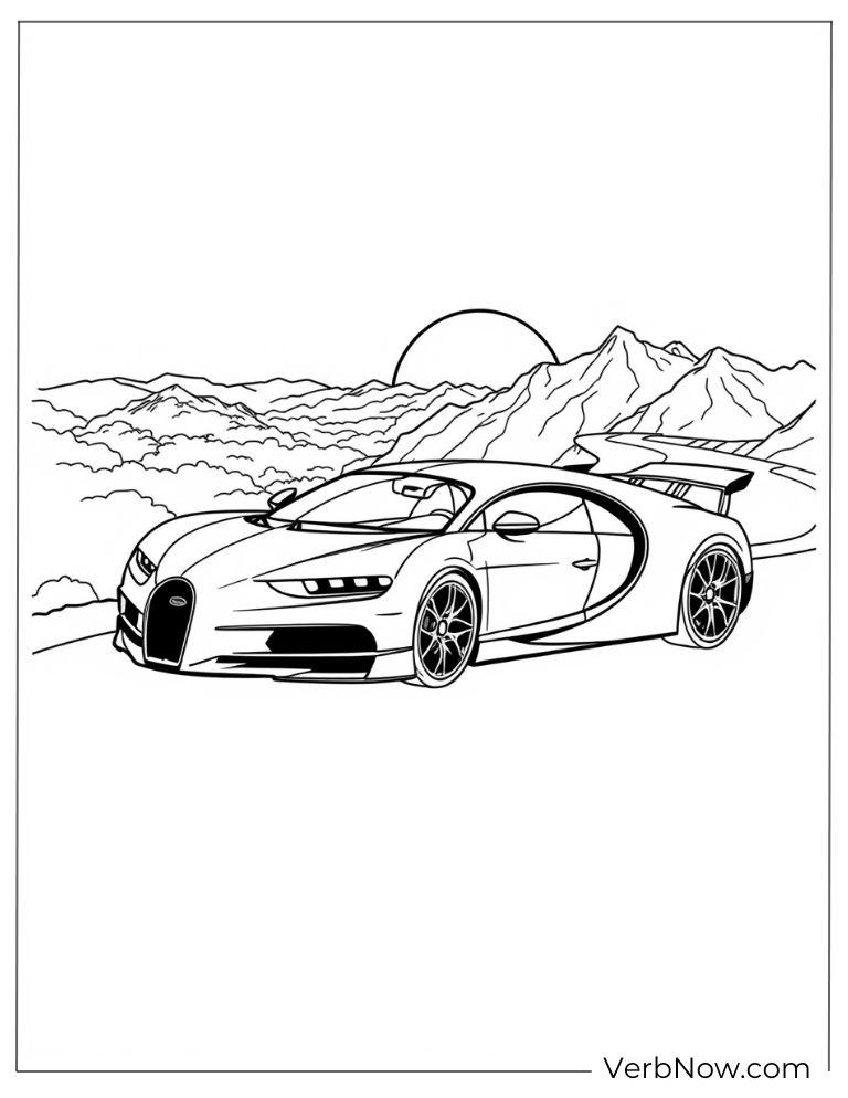 Bugatti parked in front of a scenic mountain sunset