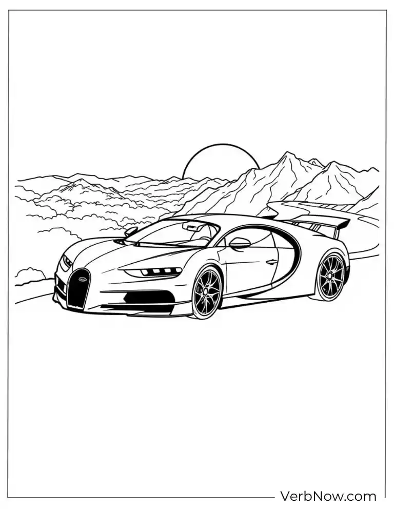 Bugatti parked in front of a scenic mountain sunset