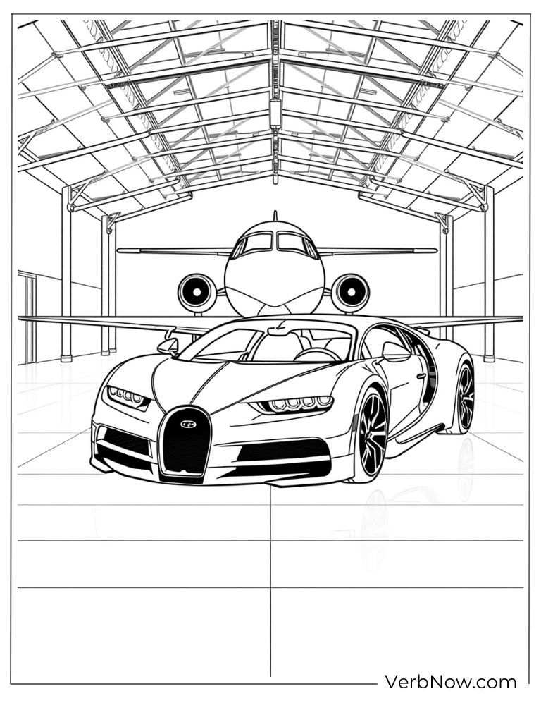 Bugatti parked inside a hangar with a private jet