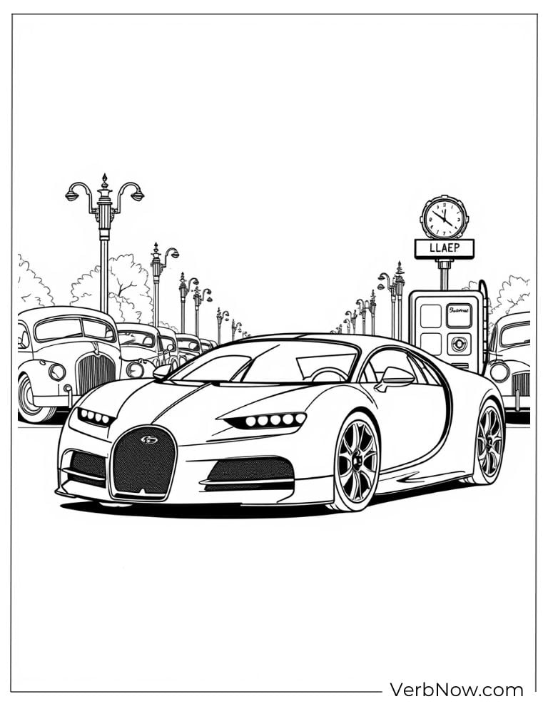 Bugatti driving on a city street with classic lamp posts
