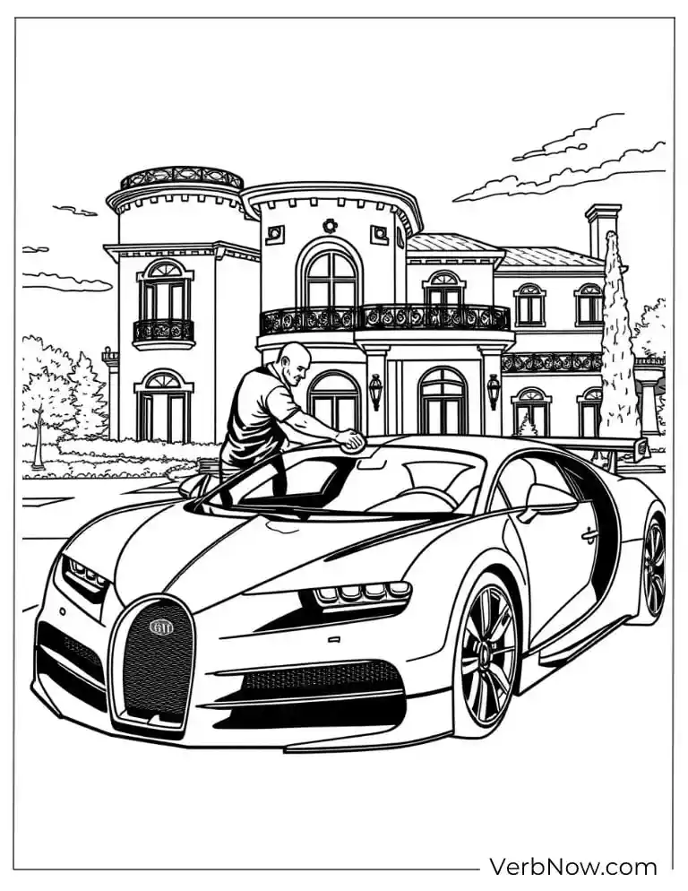 A man polishing his Bugatti in front of a mansion