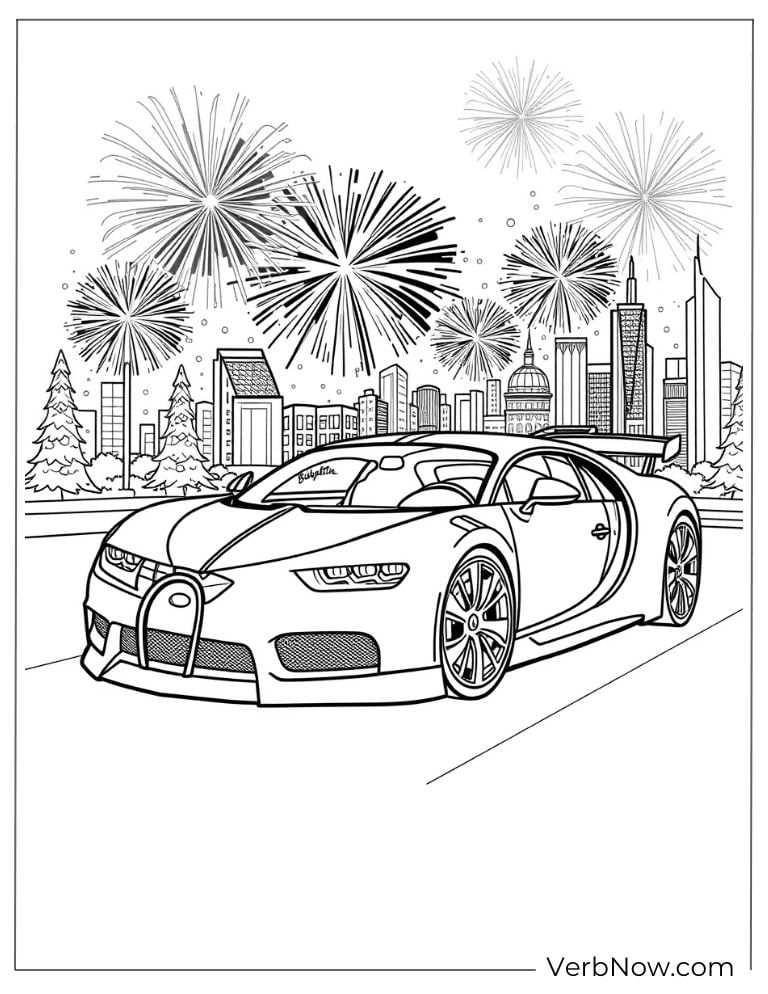Bugatti with fireworks and a city skyline behind it