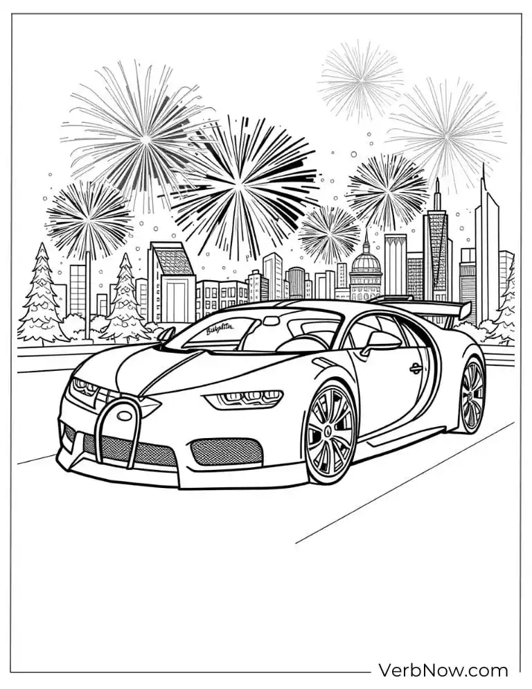 Bugatti with fireworks and a city skyline behind it