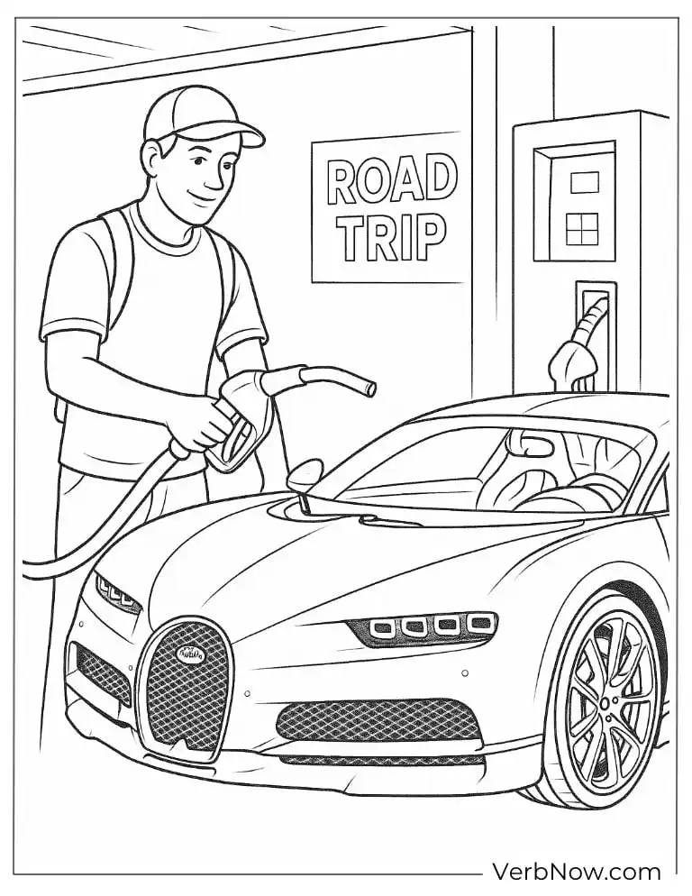 A man fueling his Bugatti at a gas station