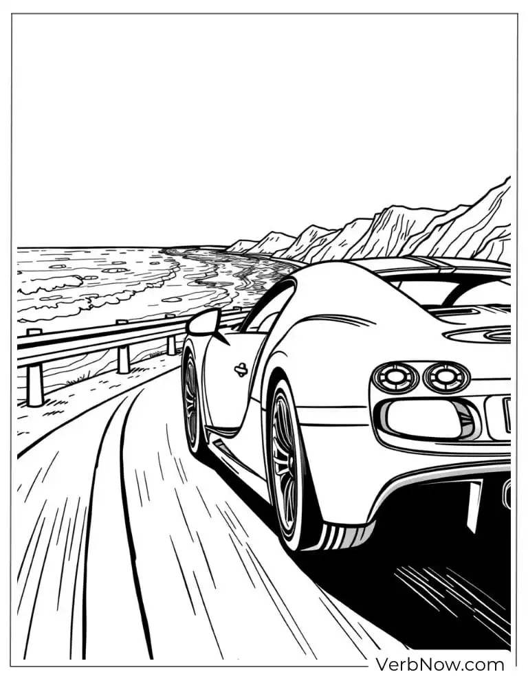 Bugatti driving along a coastal road with mountains