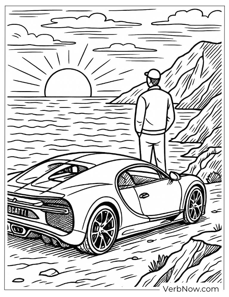 Bugatti parked by the seaside during sunset