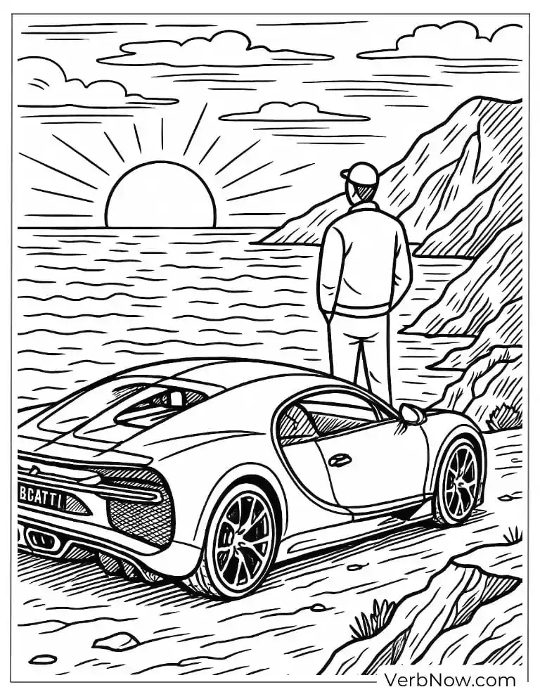 Bugatti parked by the seaside during sunset